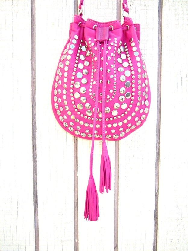 Neon Fuchsia lamb skin studded cross body purse