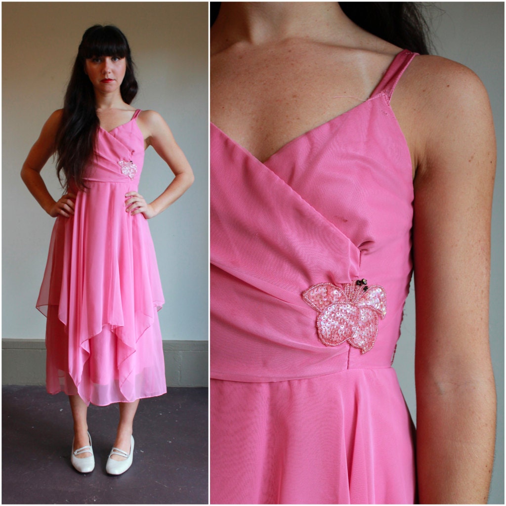 Pink Chiffon Evening Dress  /  70s Evening Gown  /  Party Dress  /  Extra Small