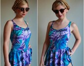 SUMMER SALE 30% OFF Vintage 80s One Piece Swimsuit  /  Maillot Bathing Suit  /  Tropical Floral Print 1980s Ruffle Wrap Peplum Swimwear  /