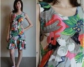 SUMMER SALE 30% OFF vintage 90s dress  /  drop waist dress  /  tropical floral print sleeveless multi colored day dress  / osfm
