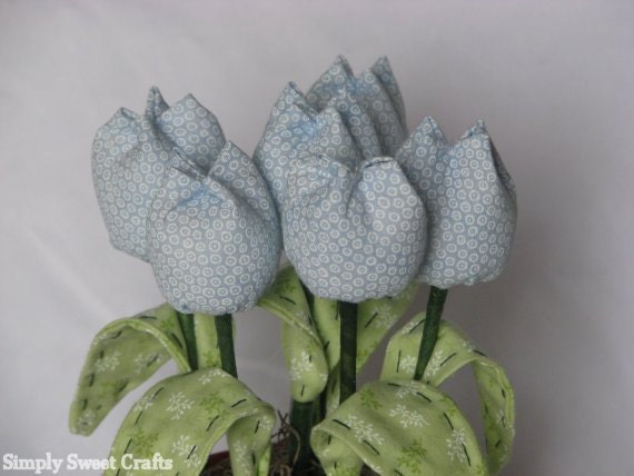 Fabric Flower Bouquet. Flower Arrangement 6 Tulips. Blue Fabric Flower Centerpiece. Unique gift