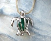 Silver Sea Turtle Green Glass Locket Necklace Pendant Honu