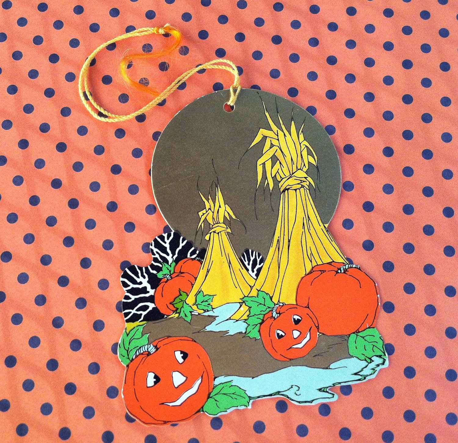 Vintage 1920 Halloween Bridge Card-pumpkin hay stacks moon-unused