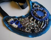 Beaded Statement Necklace, Upcycled Jewellery, Wearable Art, Blue Black, Satin Rosette