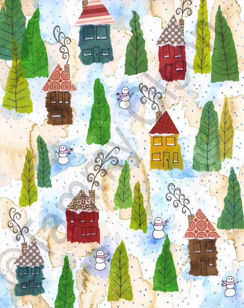 Mixed media collage, winter art, houses snowman pine trees snow painting 8 x 10 limited edition print 7/250, "Winter in Our Town"
