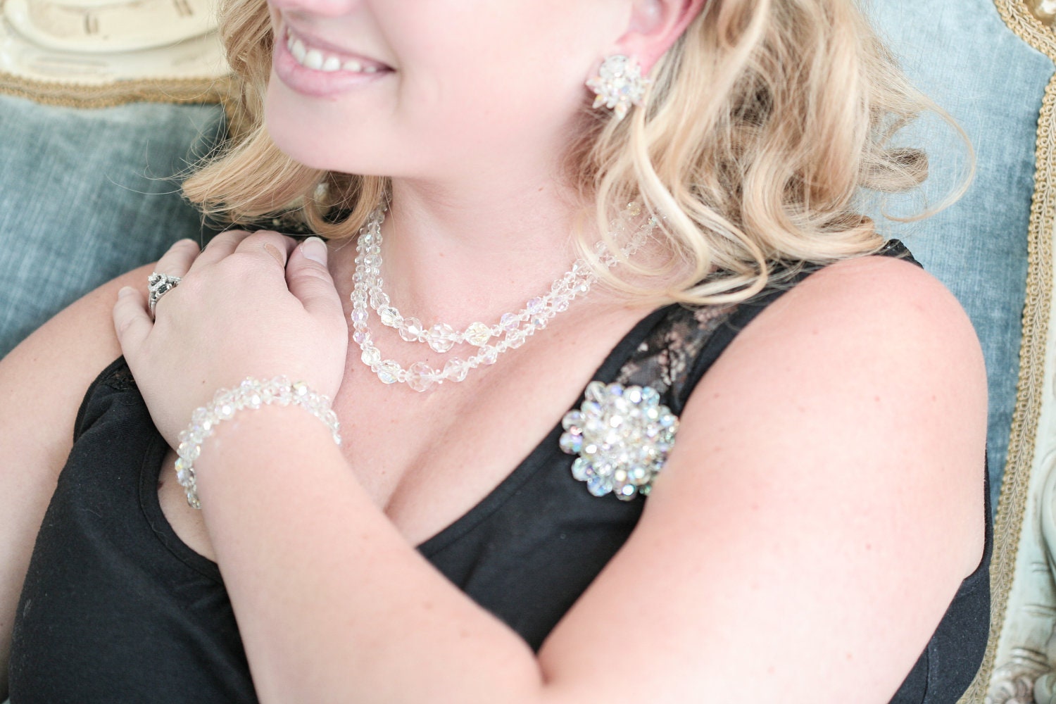 Iridescent AB Glass Beaded Necklace, Bracelet, Brooch and Earring Set