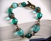 Aqua Bracelet, in Antiqued Brass and Czech Glass