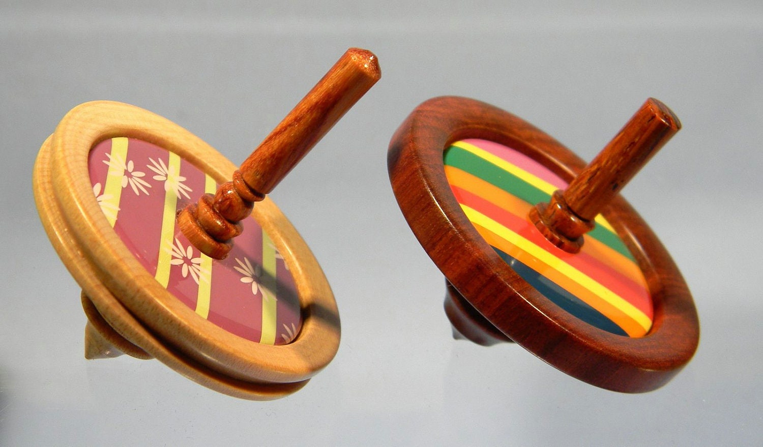 2 Toy Spinning Tops - Wood and Colorful Plastic Buttons - Handmade Spin Tops by Joshua Andra