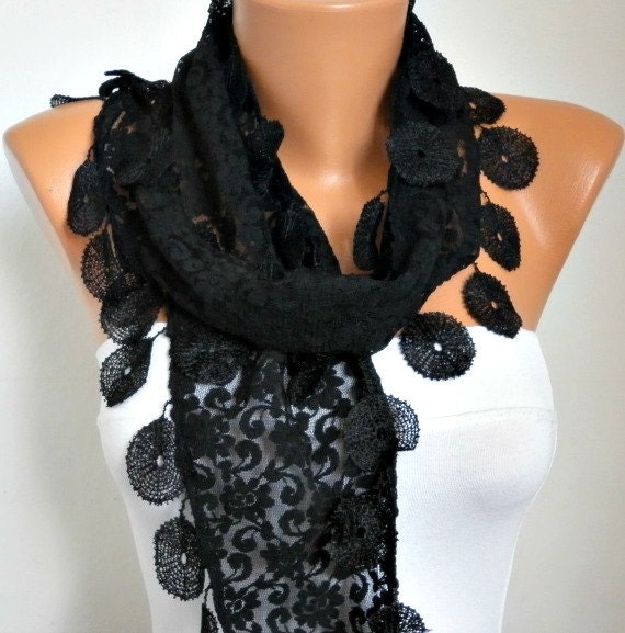 Lace Scarf - Shawl Cowl with Lace Edge -- Women Shawl Scarf  Black Scarf - fatwoman&anils