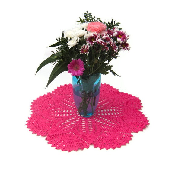 Pink flambe crochet tablecloth large round lace mat doily centerpiece coaster in hot pink cotton