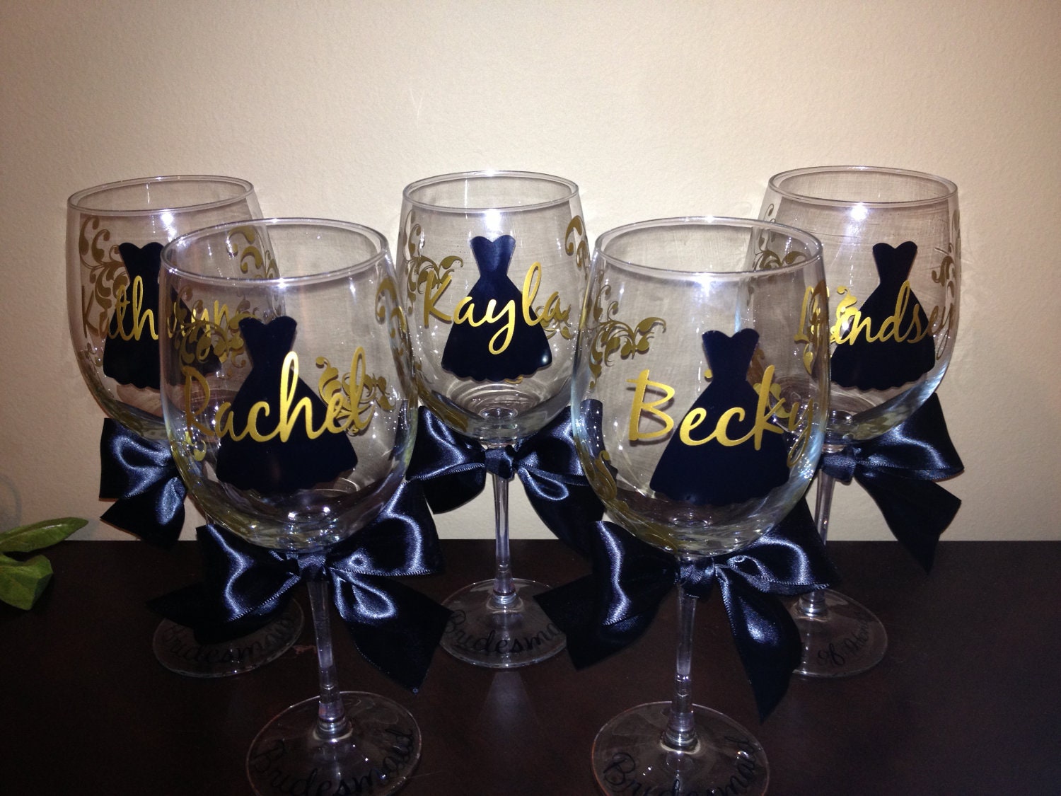 Personalized Bride or Bridesmaid dress wine glasses...Set of 5