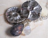 Eco Friendly Silver Flowers Gemstone Pendant Necklace, Wire Wrapped, Denim Blue Spectrolite, Moonstone, Beautiful Artisan Gift