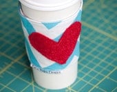 Coffee Cozy in Blue Chevron and Red Heart