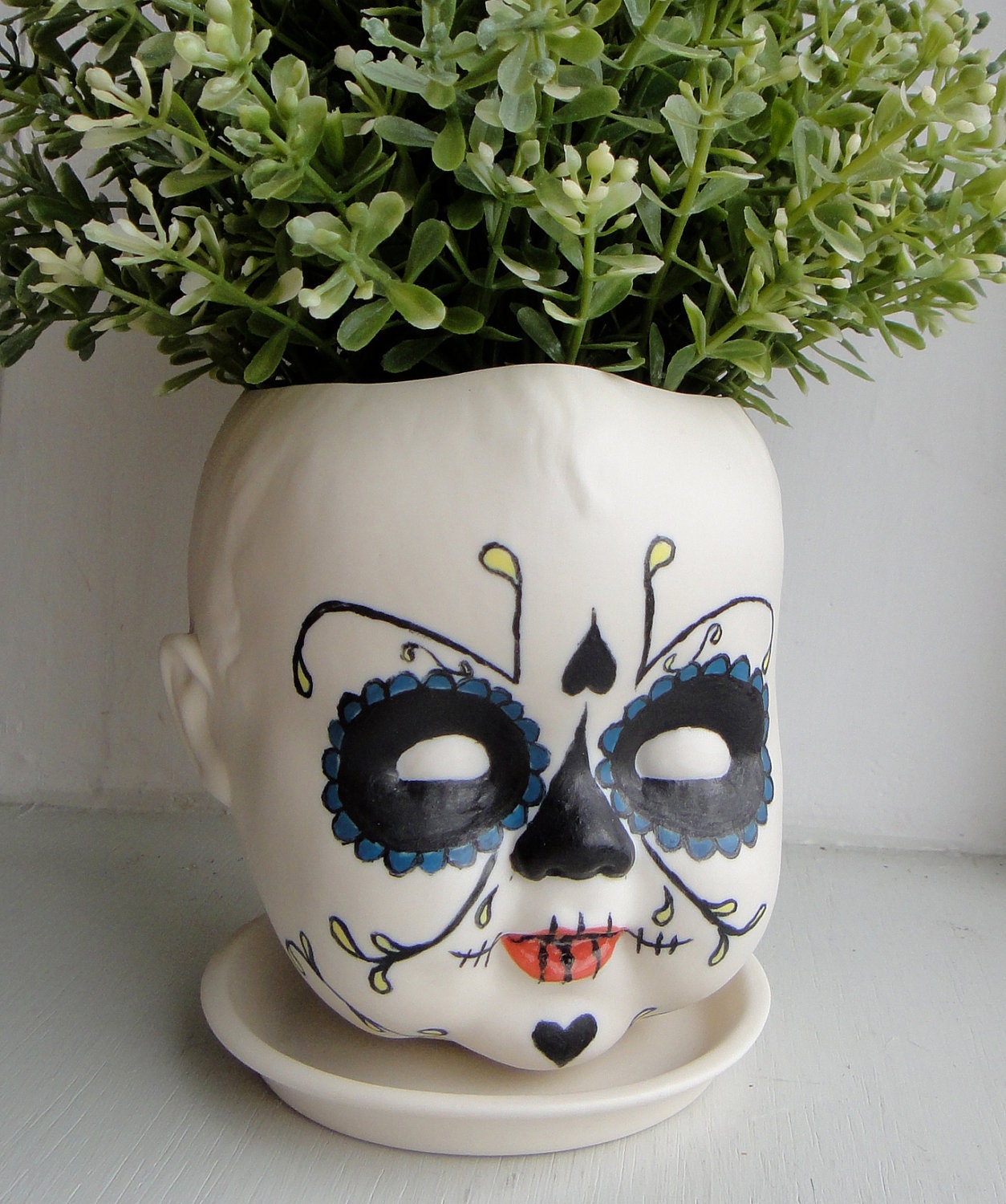 Halloween Edition Sugar Skull, Day of the Dead Baby - Porcelain Baby doll head planter