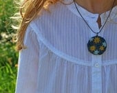 Flower Pendant Necklace - Hand Embroidered Felt - Grey, Slate Blue, Mustard Yellow