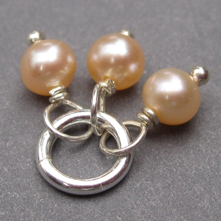 Freshwater Peach Pearl Trio Dangle Birthstone Charm Pendant with 6mm Sterling Silver Jumpring