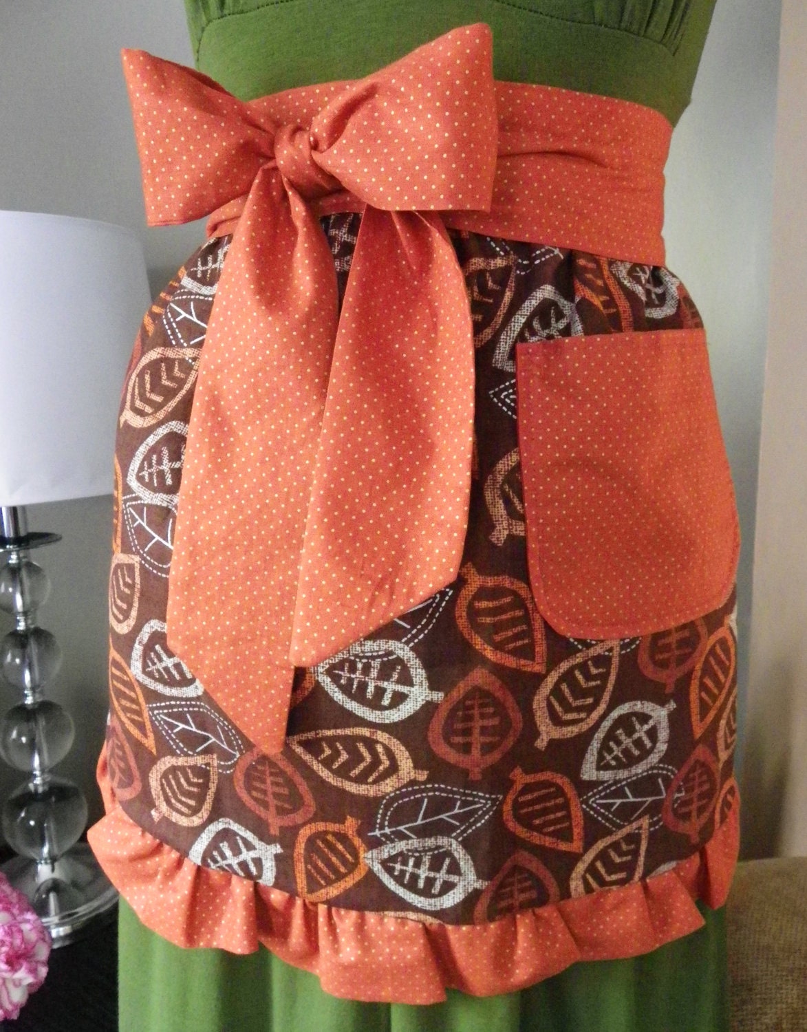 Retro Autumn Leaf Half Apron Crescent Ruffle Fall Rust Orange Pumpkin Hostess Mad Men