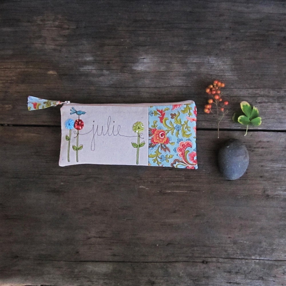 vintage inspired floral clutch, personalized gift, woodland paisley, blue and orange, unique MADE TO ORDER by mamableudesigns