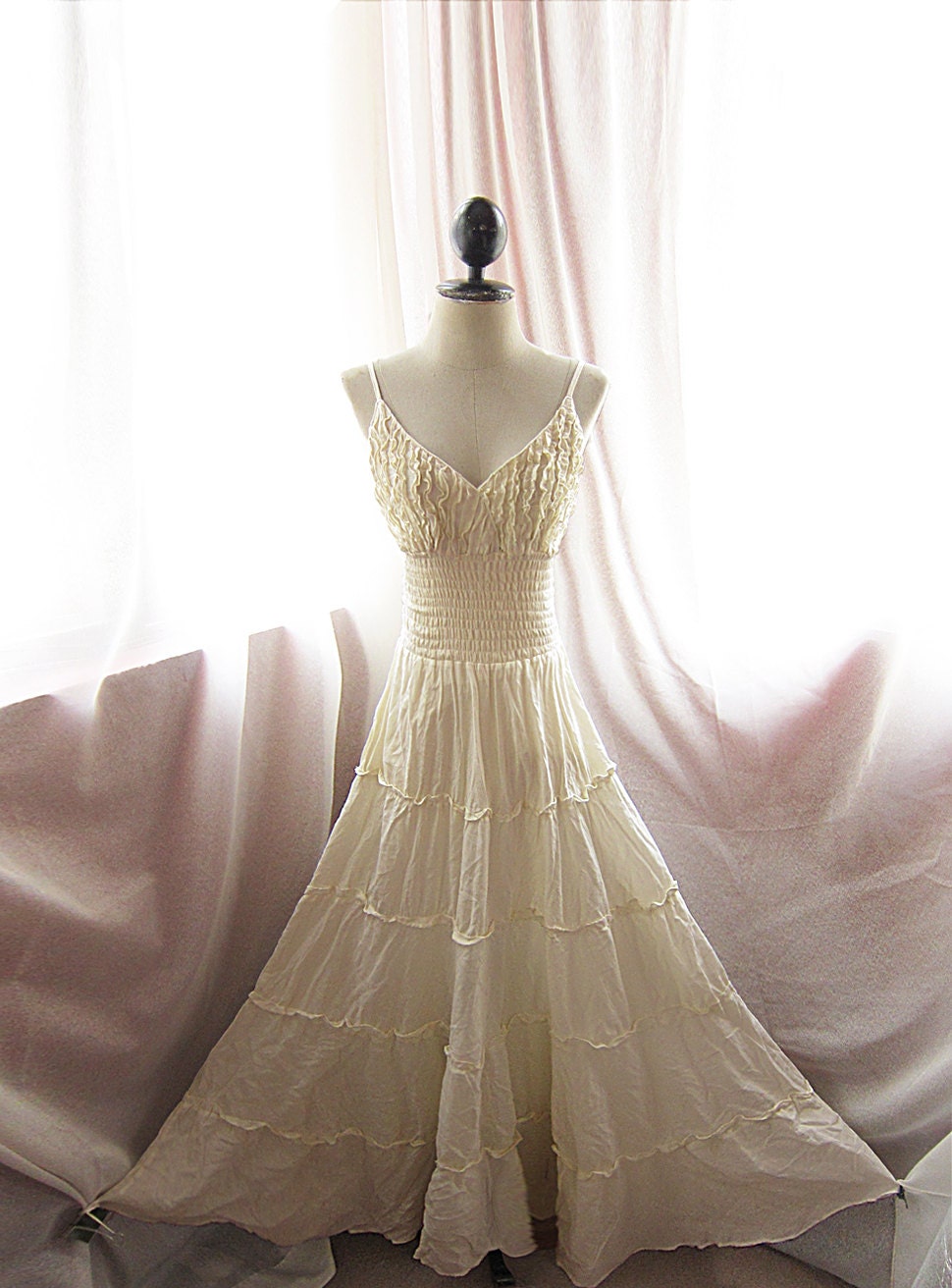 Peasant Creamy Petal Rose Goddess Alice in Wonderland Ruffled Dreamy Marie Antoinette Gypsy Hippie Long Maxi Summer Ethereal Cotton Dress