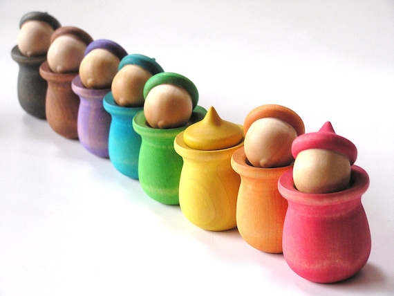RAINBOW Wood Toy - Peek-a-Boo Acorn Pots- Waldorf Montessori Educational Toy