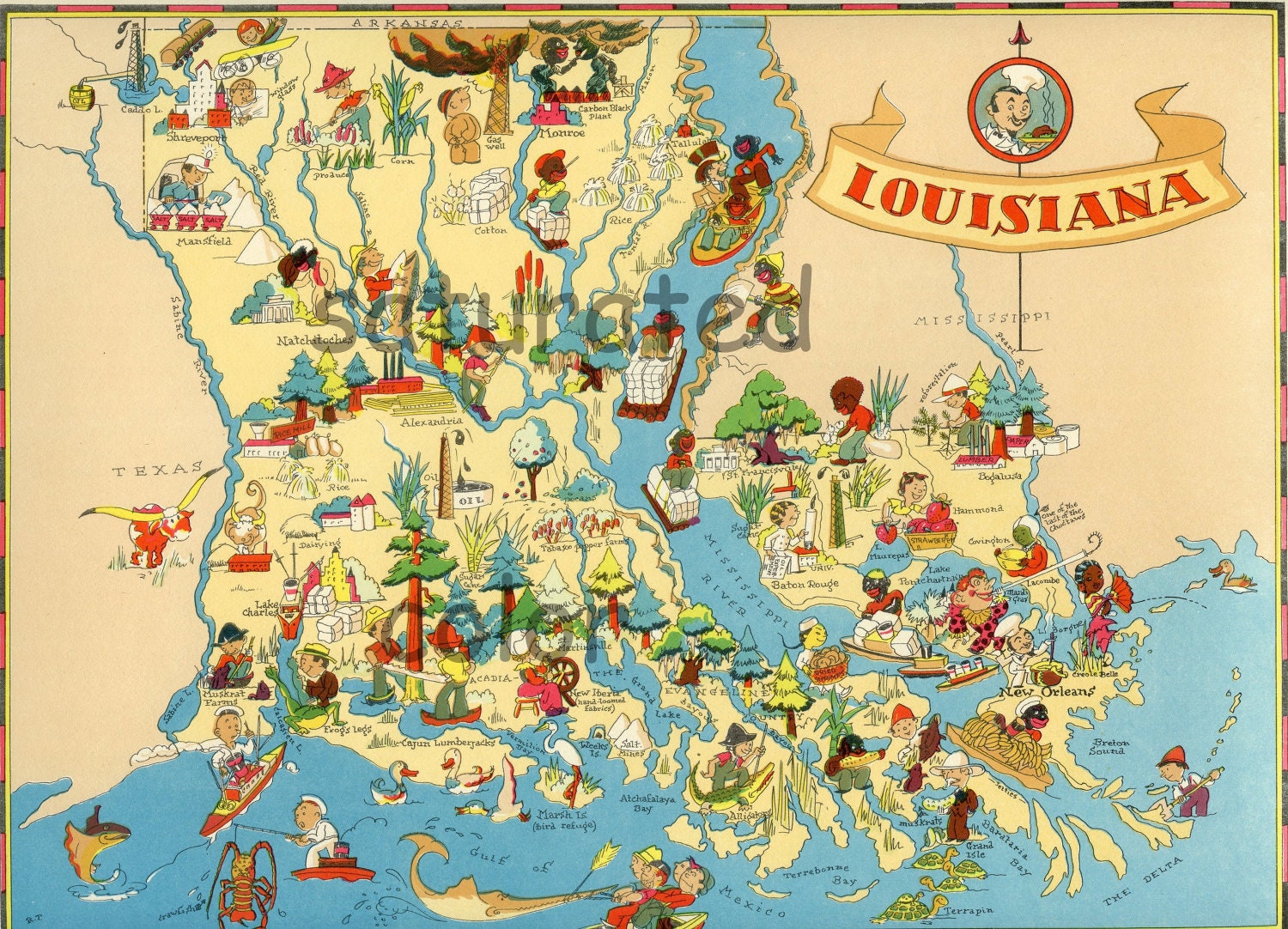 Louisiana Map ORIGINAL Vintage 1930s Antique by SaturatedColor