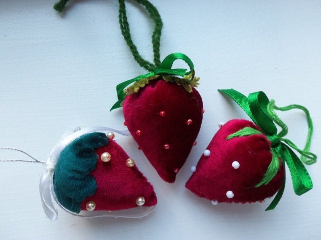 3 Red Velvet Strawberries - Handmade Pin Cushions, Ornaments