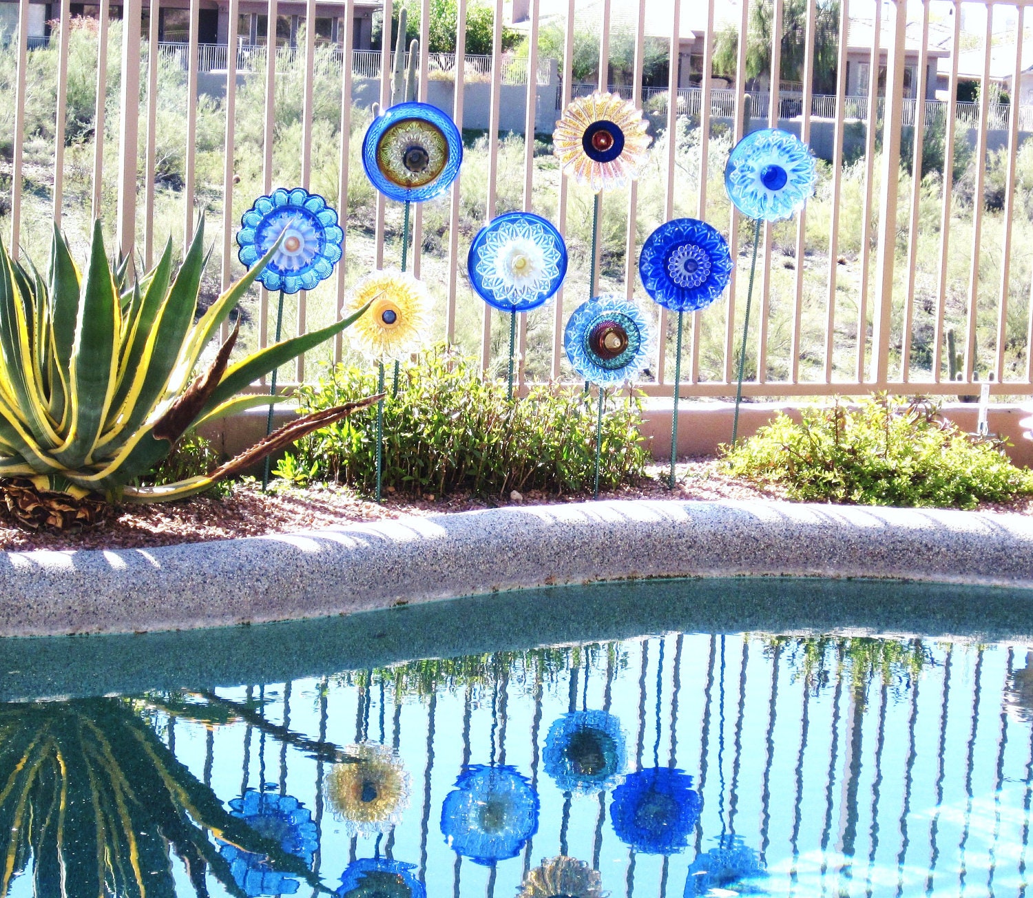 Garden Art Cobalt Blue Glass Plate Flower Yard Stake Repurposed Upcyled DANA