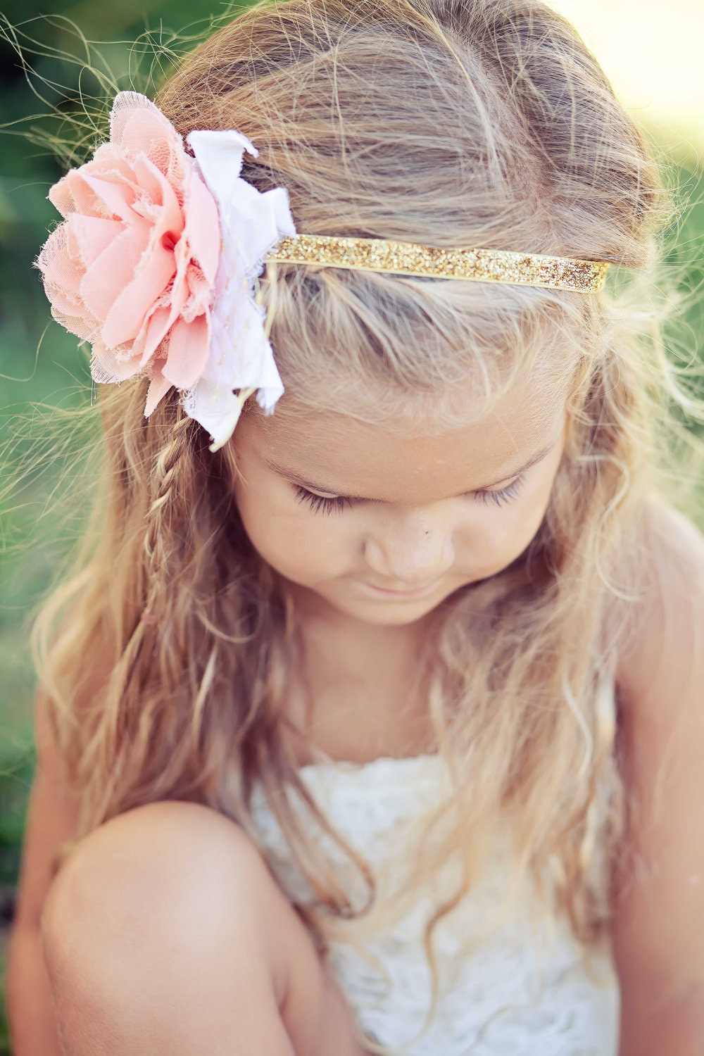 lace romper with headband- ivory, gold and coral flower headband