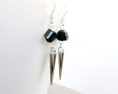 raw black tourmaline nuggets with silver spike earrings