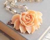 Peach Rose Necklace, Statement Jewelry, Vintage Style, Shabby Chic Wedding Bridal, Flower Pendant,  Resin Floral Accessories, Spring Jewelry