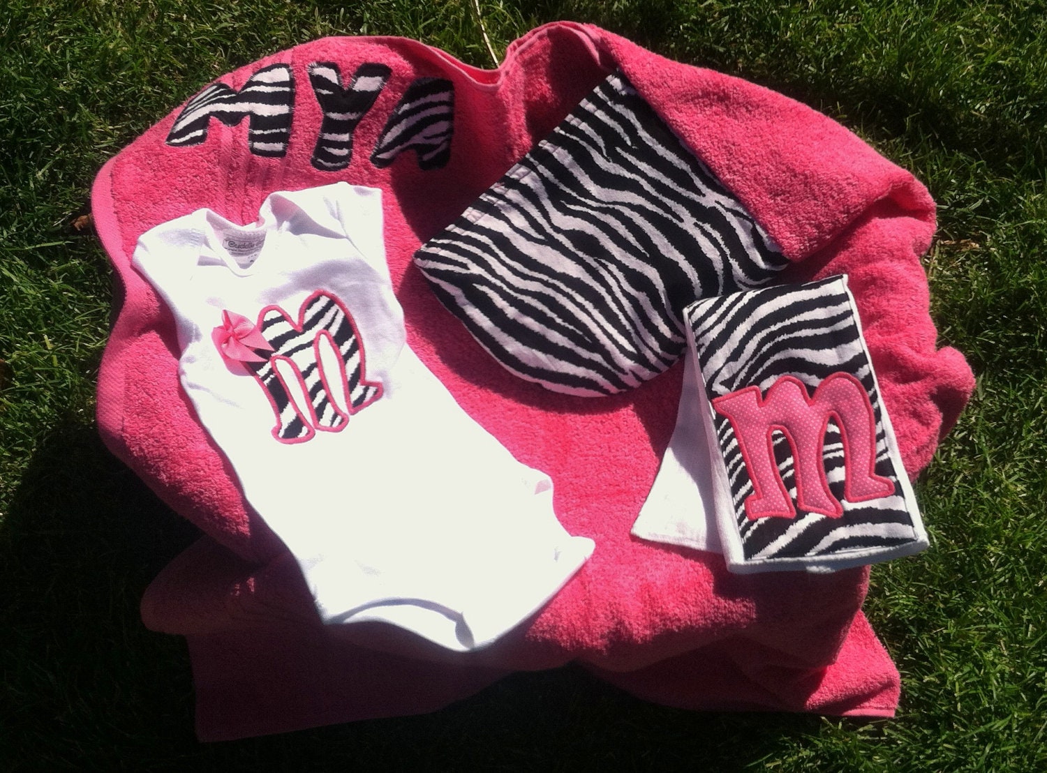 Hot Pink Zebra Baby Girl Gift Set - Infant Girl - Personalized- Hooded Towel, Burp Cloth, Onesie