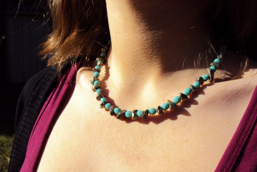turquoise and pyrite fools gold chunky necklace