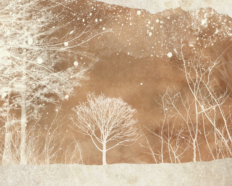 winter, snow, earth tone, vintage paper, forest woodland, pine tree - Stopping By The Woods