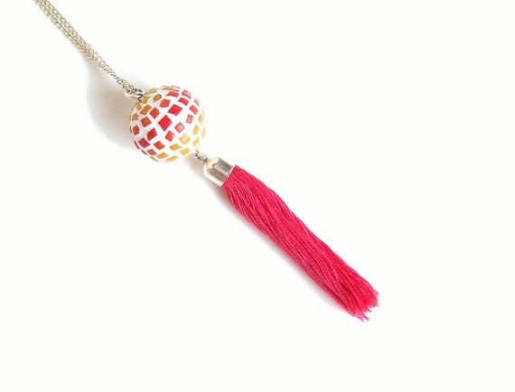 Tasseled pendant necklace ombre Pink Spring large mosaic bead silver chain hot pink tassel color progression red-orange-yellow polymer clay