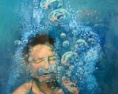Art. Original Underwater Painting sealed with clear resin finish . Swimmer in bubbles 20" x 20"