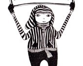 Happy girl illustration-ink drawing with affirmation-postcard with envelope