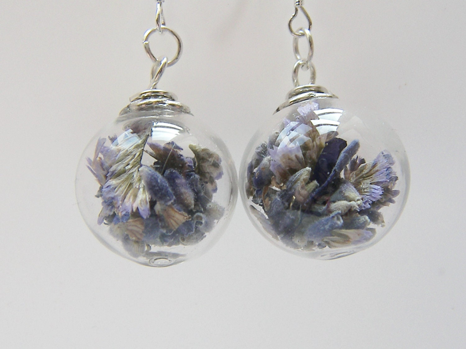 Real Lavender Earrings, Hand Blown Glass Beads, Real Flower Jewelry, Bridesmaid Gift