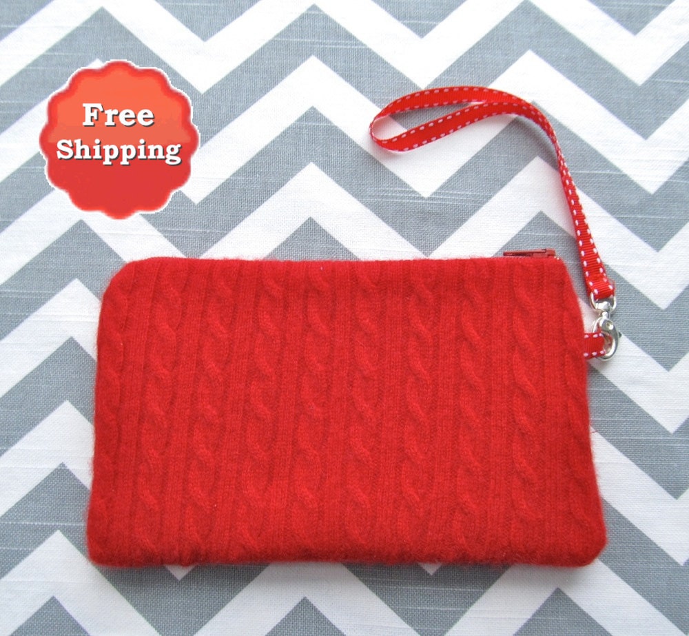 Red Cashmere Wristlet / Makeup Bag / Zipper Pouch in Red Cable Cashmere - FREE SHIPPING