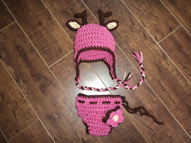 Pink Deer Hat and Diaper Cover set