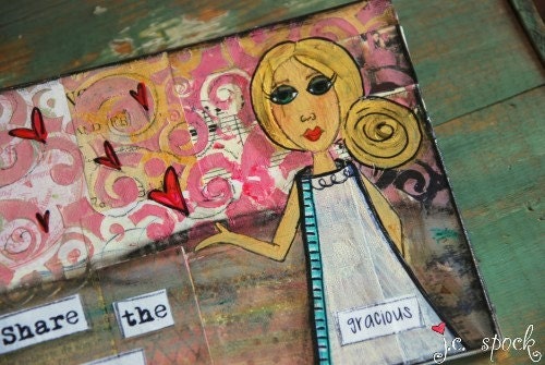 Original Art Painting: 5x7 Gracious Girl, Original Mixed Media Art, Whimsical Art, Folk art, share the love, pink, green