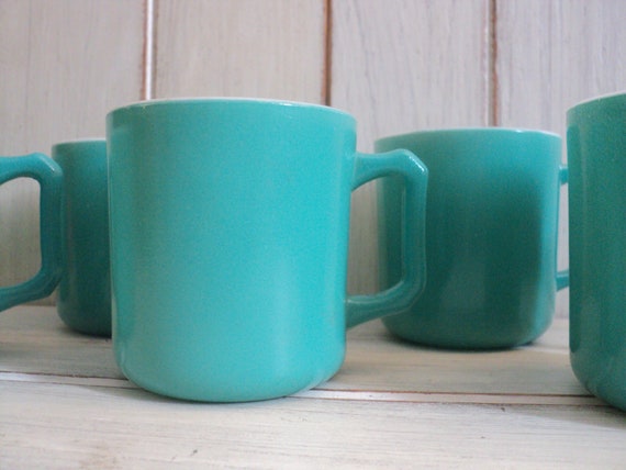 set of 6 vintage Hazel-Atlas fired-on teal aqua coffee mugs 1950s