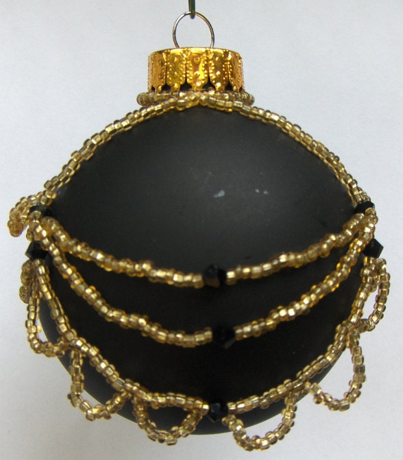 Black Glass Ball - Beaded Christmas Ornament Drape - Looped