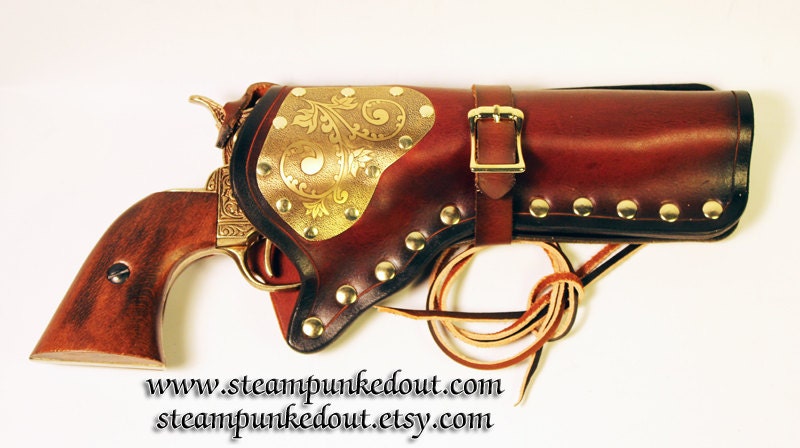 Gun Holster w/ Etched Brass Plate and Replica Engraved Revolver - Special Edition -