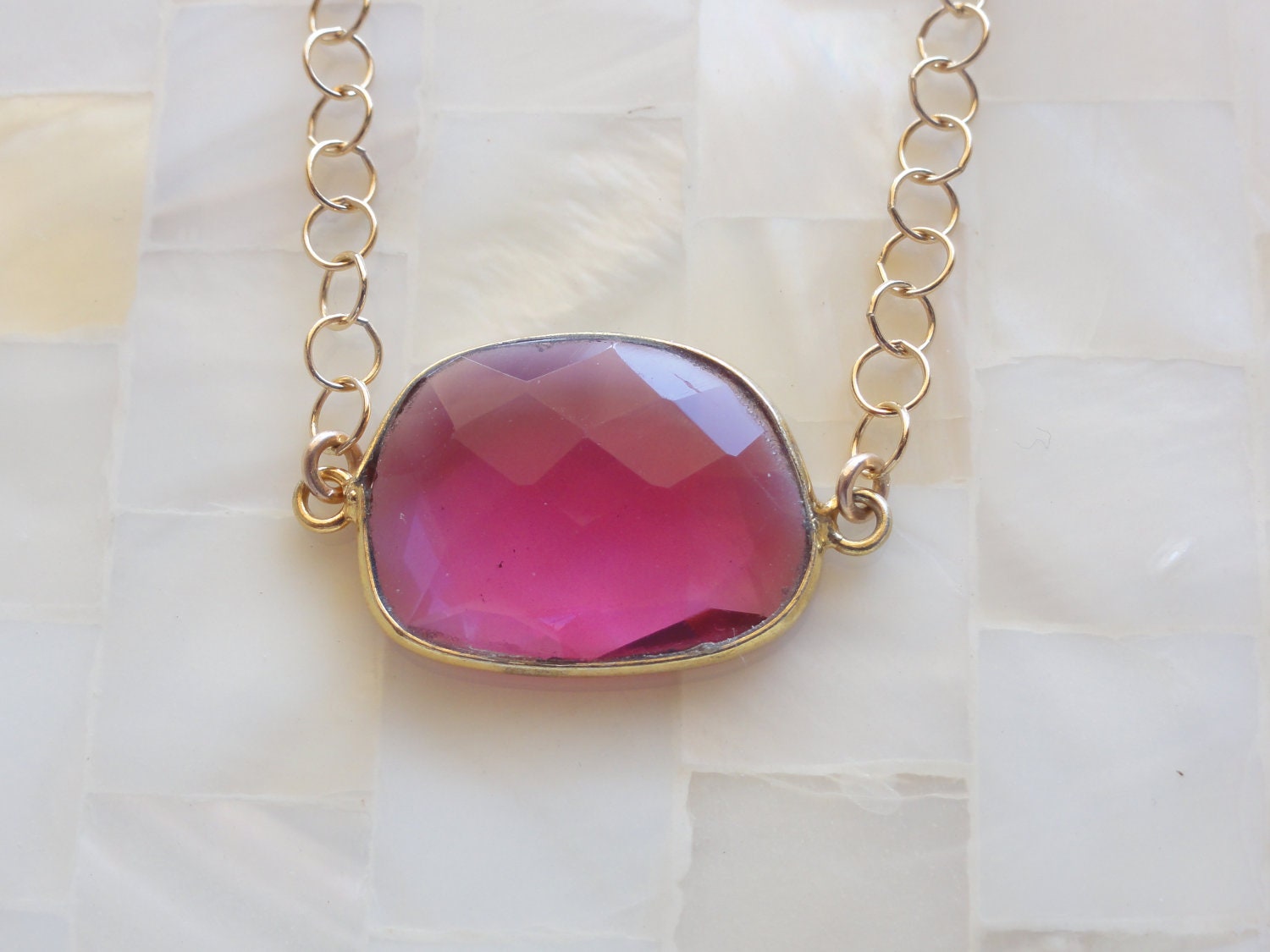 Faceted Pink Raspberry Quartz Vermeil Bezel Connector Gold Chain Necklace