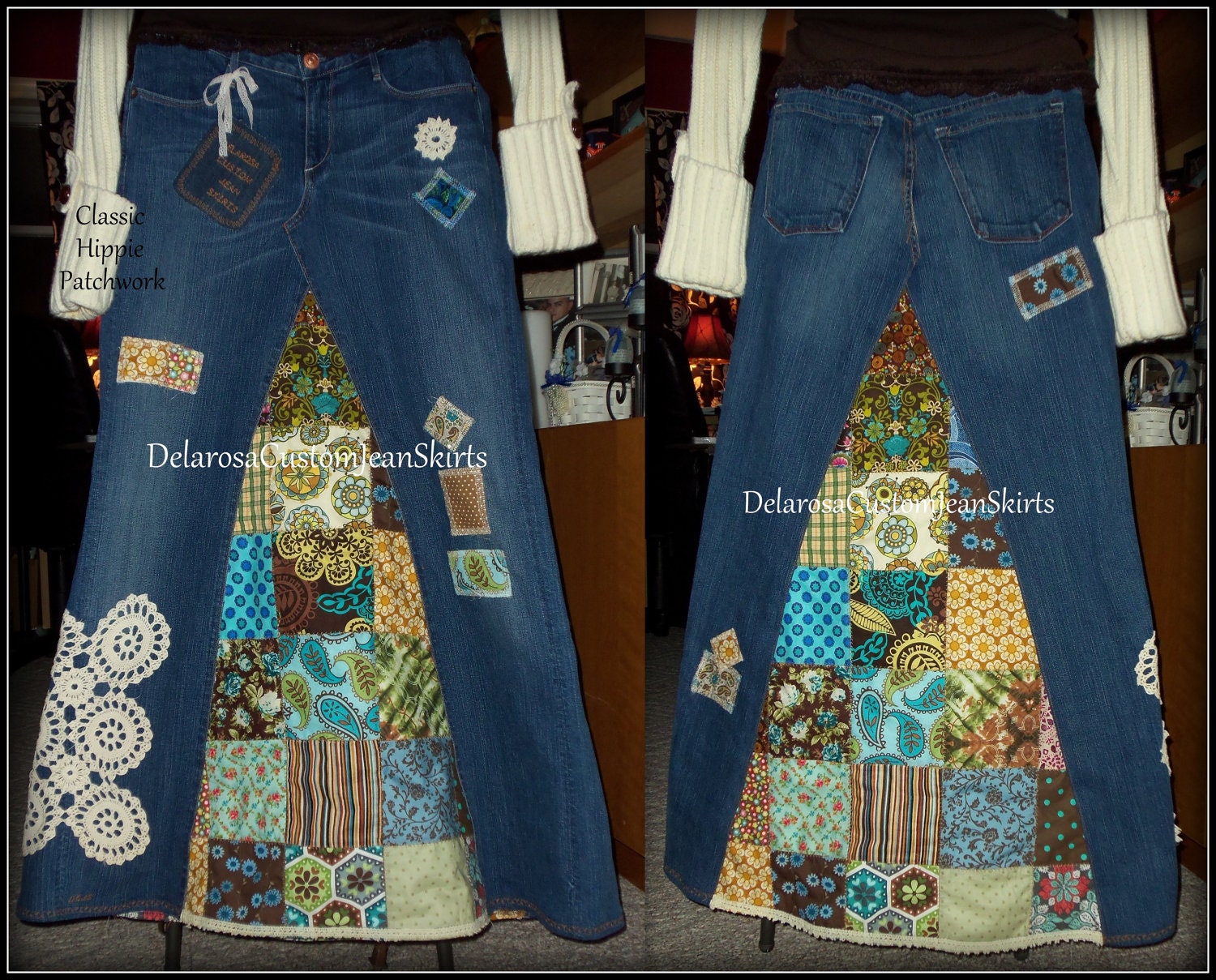 Classic Hippie patchwork Long Jean Skirt Custom Order to Your Size 0-14