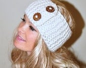 Earwarmer Buttons Winter WOOL Crochet Headband Chunky Ear warmer CHOOSE COLOR Cloud Vanilla Ivory Warm Hair Band Button Gift under 50
