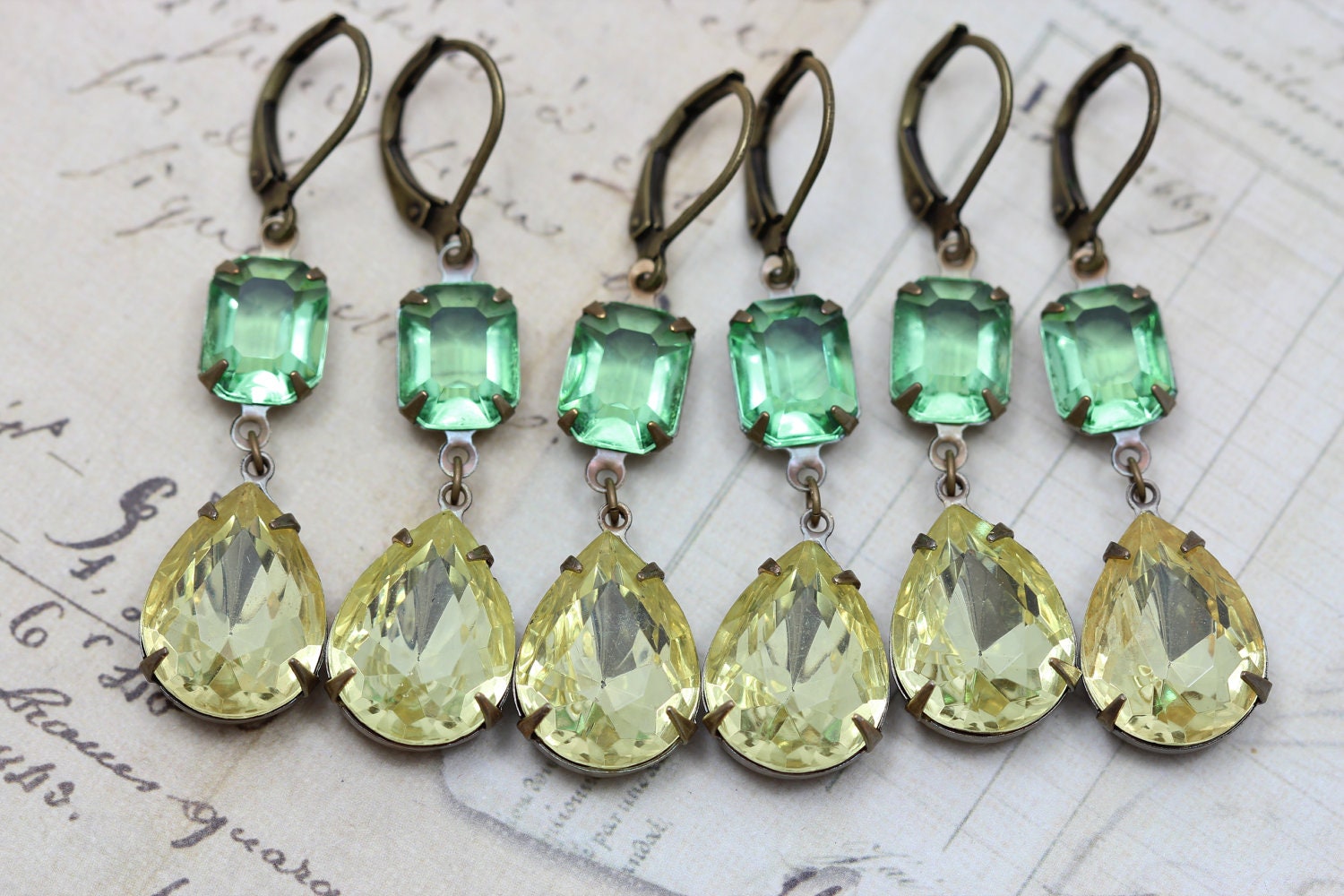 Yellow Green Bridesmaids Earrings Rustic Vintage Spring Wedding Summer Jonquil Peridot Vintage Glass  4 PAIRS - Clip On Avail