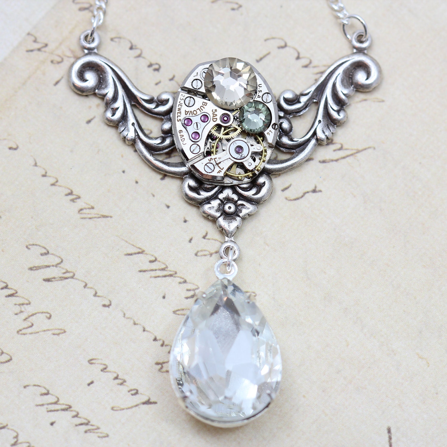 Steampunk Necklace Jewelry - Steam Punk Crystal Clear Black Diamond Vintage  - Steampunk Wedding Clockwork Necklace
