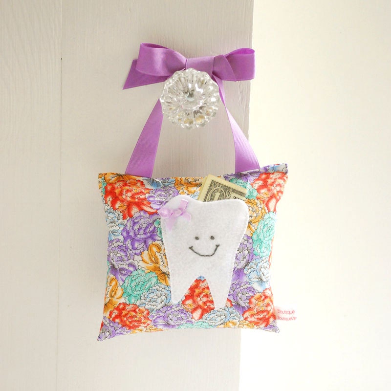 Girl's Tooth Fairy Pillow Tooth Fairy Gift in Lavender and Tangerine Floral Print Cotton