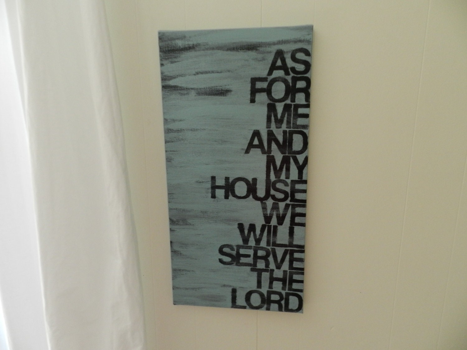 as for me and my house we will serve the Lord - 12x24 hand painted canvas sign - black and blue - scripture art - subway art